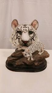 White Tiger and Cub Decorative Figurine with Black Base, Realistic Painted Details, Approx. 6" x 2.5" x 4"