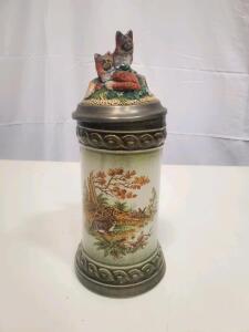 Lidded Ceramic Beer Stein with Fox Finial and Forest Scene, 1L Capacity, 11" Tall