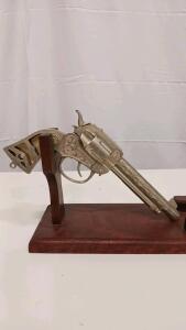 Vintage Pony Boy Die-Cast Cap Gun Revolver, Ornate Scrollwork, 10in, 1950s-1960s, Display Stand