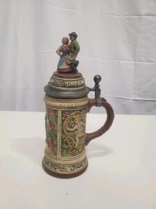 Vintage German Beer Stein 0.5L, Relief Tavern Scene, Pewter Lid with Dancing Couple, 10" Tall