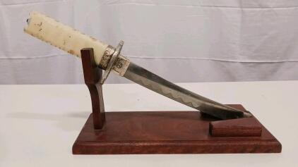 Japanese Tanto Dagger, Forged Steel Blade, Ivory-Style Handle, Display Stand, Marked