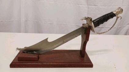 Fantasy Decorative Sword with Ornate Guard, Black Handle, Wood Stand, 24" Overall