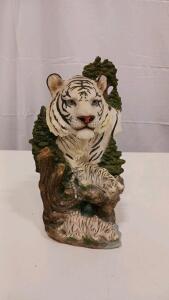 White Tiger & Cubs Woodland Scene Resin Figurine, 12" Detailed Wildlife Sculpture