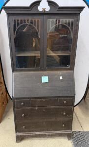 Antique Secretary Desk with Bookcase, Glass Doors, Dark Finish, Fold-Out Writing Surface