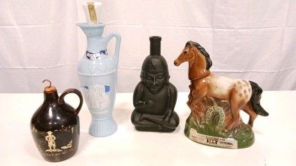 Jim Beam Appaloosa Horse, Greek, Novelty Jug & Aztec Black Figure Collectible Whiskey Decanters Set