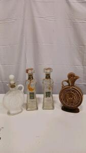 Bourbon Supreme Starburst Glass Decanter Pair, Elks Lodge 1868 Ceramic, White Milk Glass Decanter