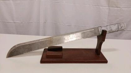 Large Saw-Back Machete Knife, 20" Blade, Serrated Edge, Display Stand, Tape-Wrapped Handle