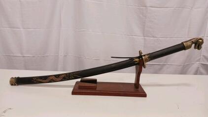 Chinese Dao-Style Decorative Sword, Dragon Motif, Brass Lion Pommel