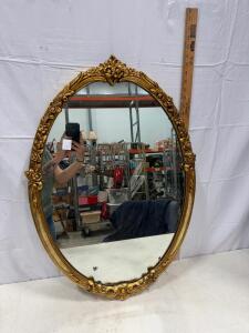 Ornate Gold Oval Wall Mirror, Baroque Style, 32"x22", Floral Scroll Frame, Vintage