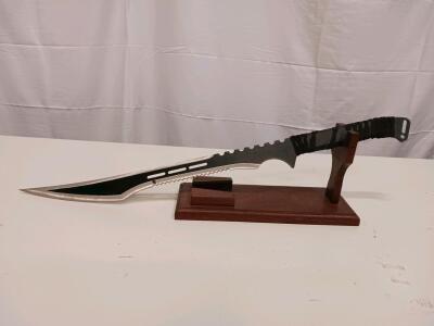 Large Fantasy Recurve Sawback Sword Knife, 17" Stainless Blade, Cord Handle