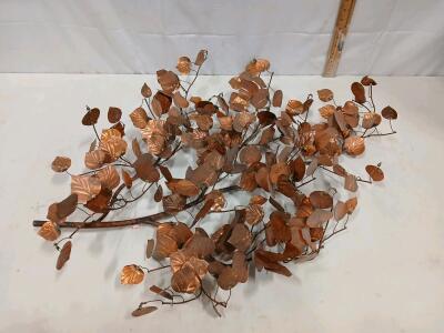 Vintage Copper Tree Branch Wall Sculpture with Realistic Leaves, Approx. 42" x 25"