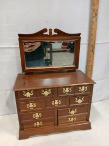 Vintage Wooden Jewelry Box Dresser with Mirror, 7 Drawers, Blue Velvet Lining, Brass Hardware
