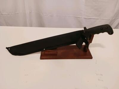 Survival Sawback Machete, 13" Stainless Blade, Nylon Sheath, Synthetic Handle, Display Stand