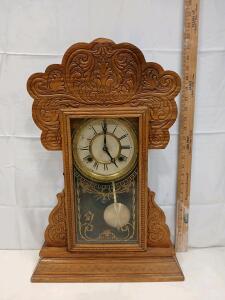 Waterbury Henshaw 8-Day Mantel Clock, Oak Carved Case, Ornate Glass, ca. 1890-1915