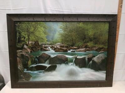 Framed Landscape Nature Art Print 24"x36" &ndash; River Stream Scene, Dark Textured Wood Frame