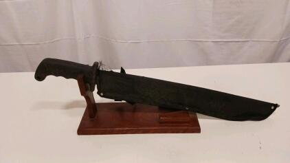 Military Survival Sawback Machete, 14" Blade, Black Polymer Handle, Sheath & Display Stand