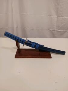 Japanese-Style Tanto Sword with Blue Cord Wrap, 10" Blade, Display Stand, Decorative Short Sword