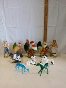 Vintage Farm Figurines Lot &ndash; 10pcs Roosters, Woman with Eggs, Cows, Horses, Ceramic & Glass