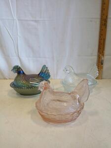 Set of 3 Vintage Glass Hen on Nest Covered Dishes - Carnival, Clear, and Pink Depression Styles
