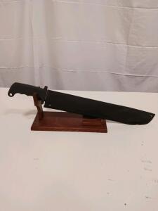 Sawback Machete 18" Blade with Black Synthetic Handle, Sheath & Display Stand