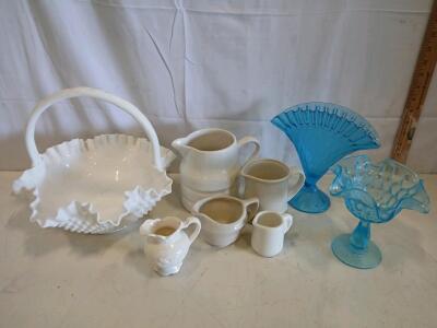 Vintage Milk Glass Basket, Blue Glass Fan Vase & Compotes, Pitchers and Creamers Lot