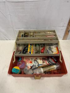 Fishing Tackle Box w/ 25+ Lures, Eagle Claw Hooks, Trilene Line, 2-Tray Red/Beige Organizer Sp-13