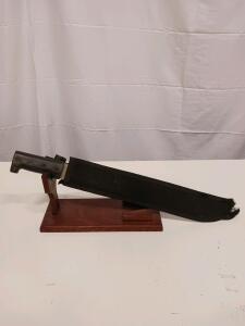 Vintage Fixed Blade Machete with Sheath and Display Stand &ndash; 17" Carbon Steel Blade, Black Handle