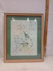 Framed 'M. Daumer' Signed Bird & Floral Artwork in Light Wood Frame with Green Mat