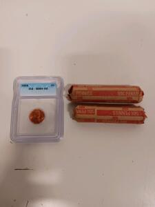 1953 Lincoln Cent ICG MS64 RD, Plus Two Rolls of Lincoln Cents
