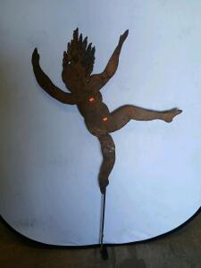 Rustic Metal Garden Art Stake, Cherub Silhouette, 48" Tall Steel Yard Decor, Flame Hair, Outdoor Sculpture