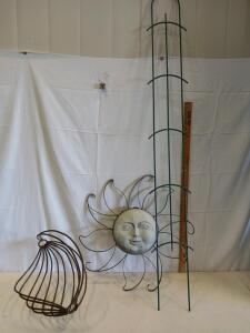 Vintage Wire Basket, Sun Face Metal Wall Art, and Green Garden Obelisk/Trellis