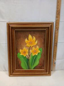 Framed Floral Painting Signed Dufal, 20" x 24", Gold Ornate Wood Frame, Yellow Flowers, Botanical Art