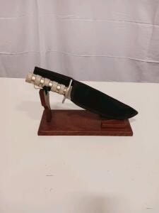 Large Stainless Steel Survival Knife, Sawback Spine, Knurled Hollow Handle, Display Stand, Sheath
