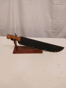 Large Machete with Hardwood Handle, Sheath, and Wooden Display Stand