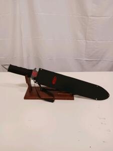 Decorative Fantasy Sword with Red Dragon Blade, Nylon Sheath, Display Stand, Cord-Wrapped Handle