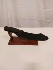 Large Tactical Kukri-Style Knife, 12" Blade, Black Rubber Handle, Sheath & Display Stand Included