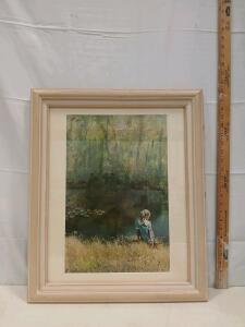 Framed Art Print by A. Schindler &ndash; Girl by Pond Scene, Signed, 26x22 Inches