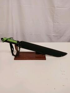 Tactical Machete 18" Blade, Sawback Spine, Neon Green Paracord Handle, Sheath & Stand
