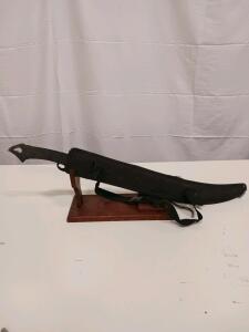 Curved Fantasy Sword with Decorative Spine, Includes Wooden Display Stand and Sheath