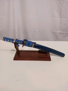 Japanese-Style Tanto Short Sword, Blue Cord Wrap, Decorative Blade, Wood Stand, Pakistan Marked