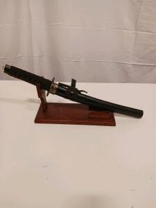 Japanese Tanto Sword with Black Cord Handle, Lacquered Saya, Alloy Fittings & Wooden Display Stand