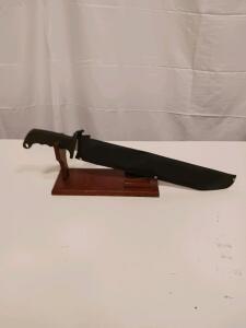 Survival Sawback Machete with 17" Blade, Rubberized Handle, Sheath, and Display Stand