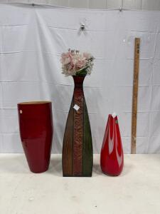 Set of 3 Decorative Vases: Red Swirl Glass, Tall Embossed Ceramic, Large Red Lacquered Sp-7