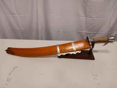 Antique Southeast Asian Bolo Swords with Wooden Scabbard, 32&ndash;36 in, Display Stand Included