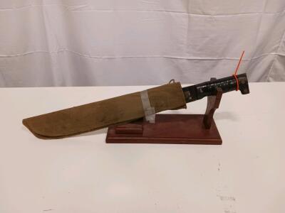U.S. Military 18" Machete with Canvas Sheath & Display Stand, Black Handle, WWII&ndash;Vietnam Era