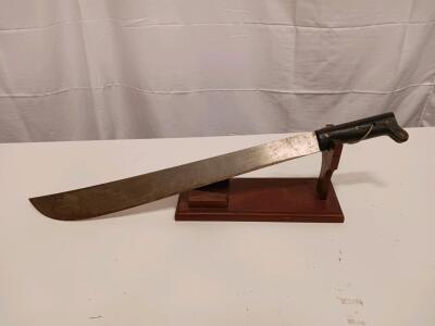Large 18-Inch Carbon Steel Machete with Black Handle and Wooden Display Stand