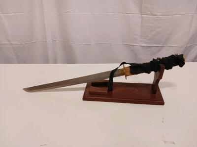 Japanese-style Wakizashi Short Sword with Wooden Display Stand