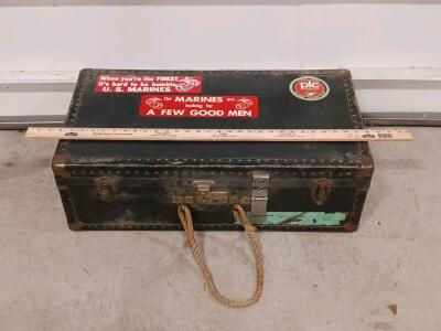 Vintage U.S. Marine Corps Military Footlocker Trunk, ca. 1940s-70s, 32"x16"x11", USMC Stickers Sp-16