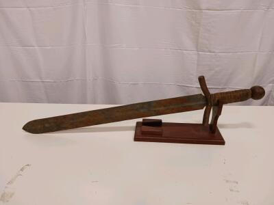Roman Gladius Style Sword, Iron Blade, Wooden Display Stand, Double-Edged, Rounded Tip, c.28in Blade