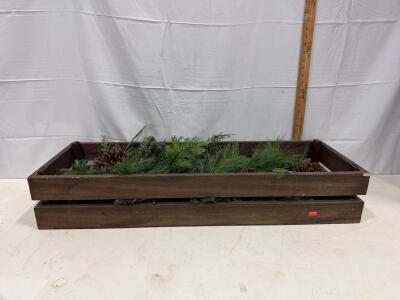Rectangular Wooden Decorative Planter Box with Faux Pine Greenery and Pinecones, 28" x 10" x 6"Sp-14